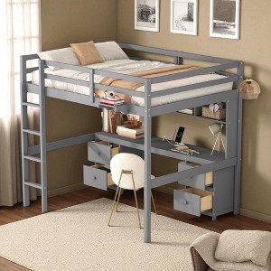 Full Size Gray Loft Bed with Built-in Desk, Cabinets, Drawers, Charging Station, and Bedside Tray for Kids or Teens - 1 of 4