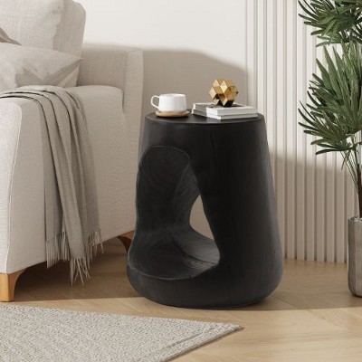 Black Round Outdoor End Tables, Wood-Effect MGO Outdoor Side Table, Hollow Base Patio End Table for Outside or Indoor Use -Christopher Knight Home