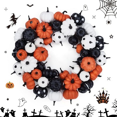 Halloween Pumpkin Wreath for Front Door, 18 Inch Fall Farmhouse Wreath with Orange, Black and White Pumpkins, Rattan Bottom Home Party