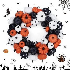 Halloween Pumpkin Wreath for Front Door, 18 Inch Fall Farmhouse Wreath with Orange, Black and White Pumpkins, Rattan Bottom Home Party - 1 of 4