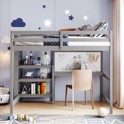 NicBex Full Size Bunk Bed with Desk Loft Bed Pine Bed Frame with Writing Board, 3 Shelves, Ladder and Guardrail, No Box Spring Required
