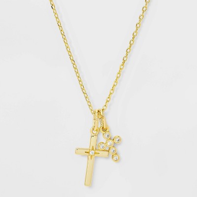 14K Gold Dipped Cubic Zirconia Duo Cross Necklace - Gold