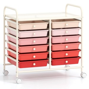 Costway 12 Drawers Rolling Cart Storage Scrapbook Paper Studio Organizer Bins Pink - 1 of 4