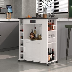 VECELO Kitchen Island Car Rolling Storage Cabinet with Charging Station and Open Shelves, White/Brown - 1 of 4
