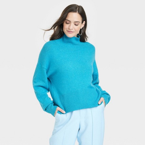 Women s Mock Turtleneck Pullover Sweater A New Day Blue M Target