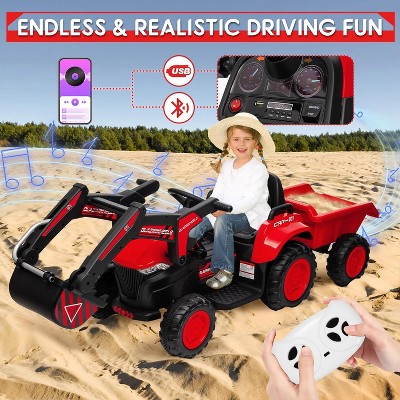 Red 12V 3 in 1 Kids Ride On Excavator Tractor With Detachable Trailer Remote Control Led Lights  Music And Safety Features Red