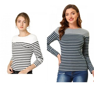 Allegra K Women's Color Block Round Neck Long Sleeves Striped Basic T-Shirt 2 Packs - 1 of 4