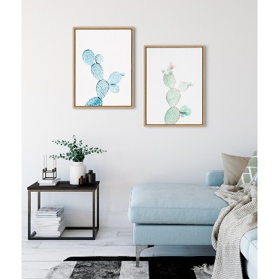 Blue Cactus Framed Canvas Wall Art, 18x24, Natural Wood