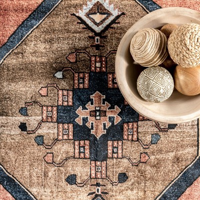 Rust Red Synthetic Washable Round Area Rug