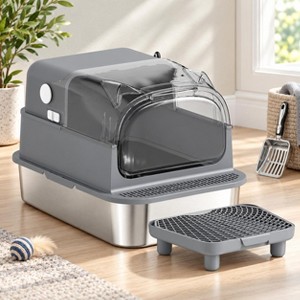 XXL Stainless Steel Enclosed Cat Litter Box with Flip Lid, High Sides ...
