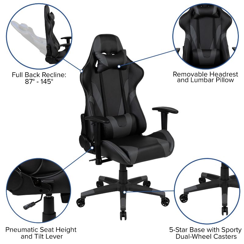 Flash Furniture X20 Gaming Chair Racing Office Ergonomic Computer PC Adjustable Swivel Chair with Reclining Back in Gray LeatherSoft, 6 of 14