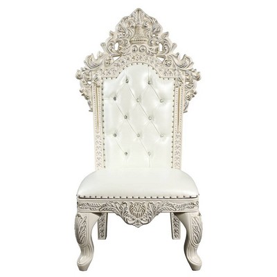 Antique White Tufted Faux Leather Ornate Side Chairs, Set of 2