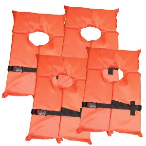 4 Pack Coast Guard approved life jackets for adults. High visibility color Type II keyhole life vest in classic May West style. - 1 of 4