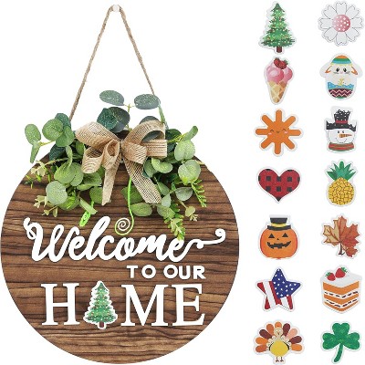 Attop Interchangeable Welcome Sign - 12" Rustic Round Wood Wreath for Front Door, All-Seasons Holiday Decor (Halloween Christmas) Farmhouse