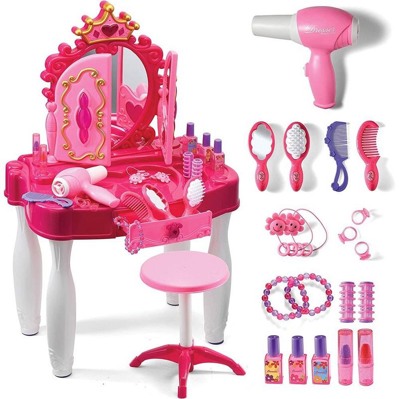Pretend Play Girls Vanity Table Set with Mirror, Stool, Lights and Sounds - 21 PCS Beauty Salon Set – Play22Usa, 1 of 11