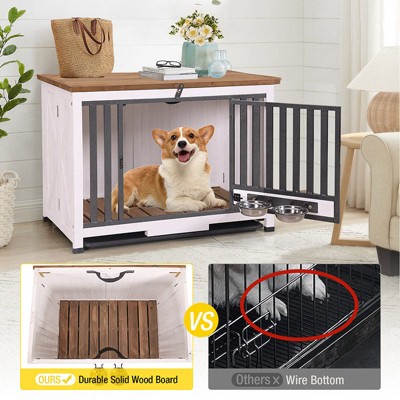 White and Black Wooden Dog Crate with Iron Frame and Feeder