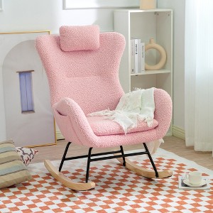 Rocking Chair Nursery Teddy Upholstered Glider with Adjustable Headrest, High Backrest and Side Pocket, Comfy Rocker for Living Room - 1 of 4