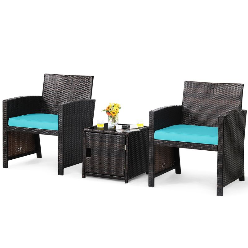 Costway 3PCS Patio Wicker Furniture Set Storage Table W/Protect Cover Cushioned, 2 of 11