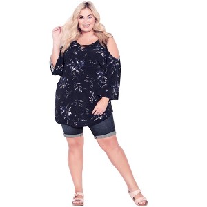 Avenue Women's Plus Size Cold Shoulder 3 Bar Print Top - 1 of 4
