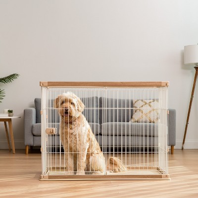 Tall Light Brown and White Metal Dog Crate with Sliding Door