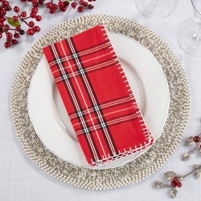 Red Plaid Cotton Dinner Napkins with Whipstitch, Set of 4