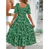 Women's Summer Smocked Midi Dress Casual Square Neck Puffy Short Sleeve Tiered Ruffle Dresses - 3 of 4