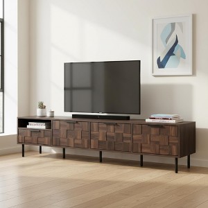 Homy Casa 78" Mid-Century Modern TV Stand with Textured Pattern Doors and Open Storage Shelf,for 85" TV, Walnut - 1 of 4