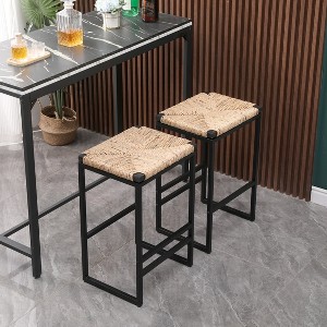 KWPZQEB Boho Bar Stools Set of 2, Rectangular Counter Stools with Metal Frame, Paper Rope Woven Tall Bar Stools for Kitchen Island, Dining Room - 1 of 4