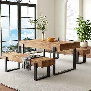 4/3-Piece Dining Table Set for 4-6 People, 59" Kitchen Table Set with Bench, Natural Wood Wash 4M - ModernLuxe