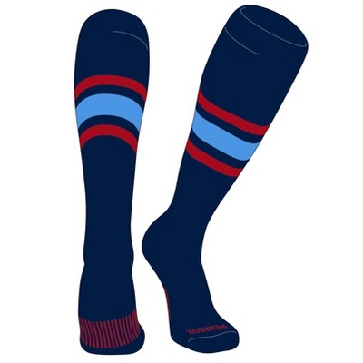 PEAR SOX Striped OTC Baseball, Softball, Football Socks (B) Navy, Red, Sky Blue