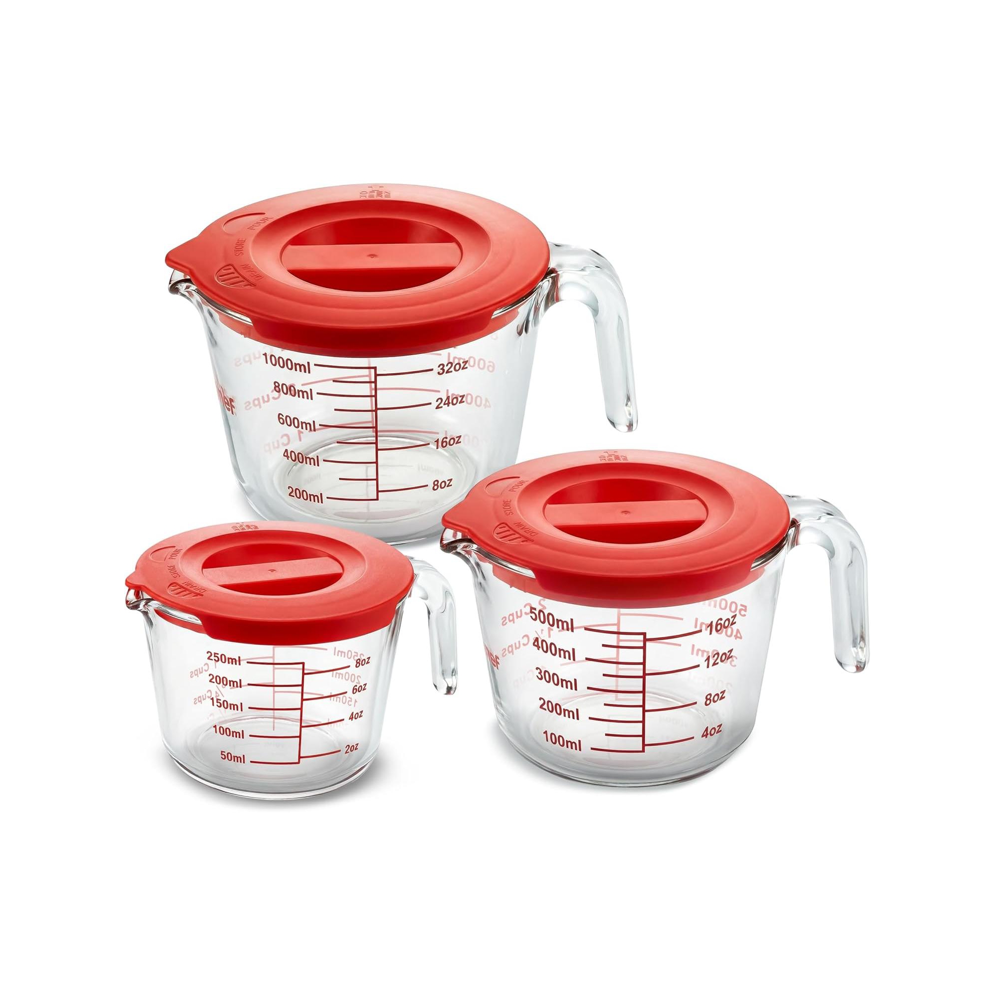 NutriChef 250 mL, 500 mL & 1000 mL Glass Measuring Cup Set with Lid – Safe for Microwave, Oven, Freezer & Dishwasher (Red)