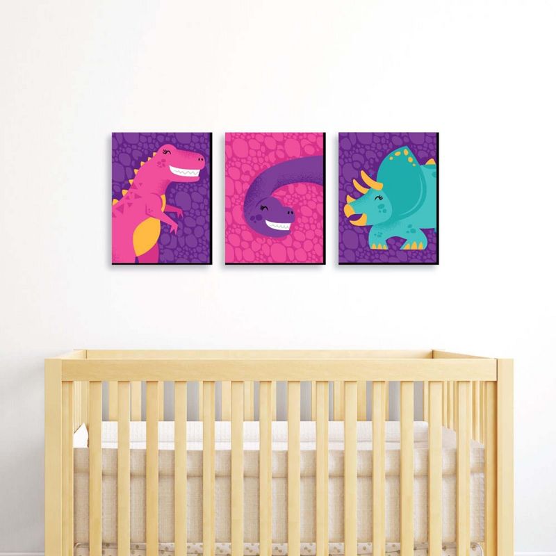 Big Dot of Happiness Roar Dinosaur Girl - Dino Mite T-Rex Nursery Wall Art and Kids Room Decorations - Gift Ideas - 7.5 x 10 inches - Set of 3 Prints, 2 of 8