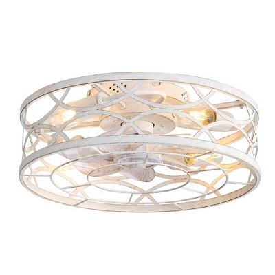 Airsurfer 18" Flush Mount LED Ceiling Fan in Distressed White and Gold with Cage Design and Remote -Low Profile 7-Blade Enclosed Fan