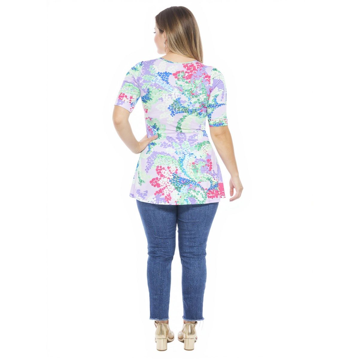 Plus Size Abstract V-Neck Elbow Sleeve Henley Tunic Top - 24seven Comfort Apparel™ - thumbnail 3