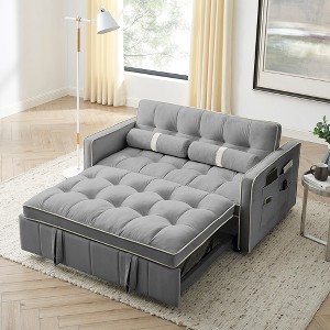 55.5" Velvet Convertible 2-Seater Sofa Bed with Pull-Out Sleeper, Adjustable Backrest, Side Pockets, and 2 Lumbar Pillows - 1 of 4