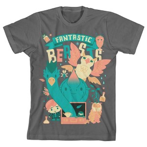 Fantastic Beasts Newt's Case Chibi Art Boy's Charcoal T-shirt - 1 of 1