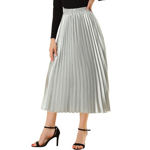 Inspire Chic Women s Party Elastic Waist Metallic Shiny Accordion Pleated Midi Skirt Silver Tone Medium Target