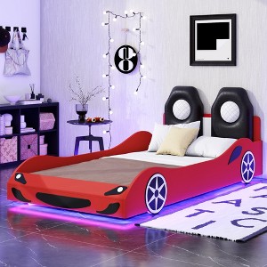 SeaCamel Twin Size Wood Race Car-Shaped Bed - White Platform Design with LED Lights & Upholstered Backrest - 1 of 4