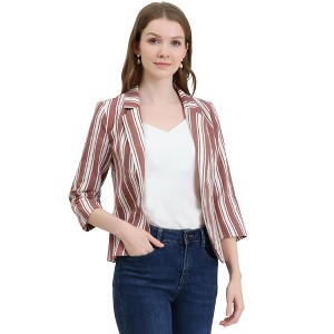 Allegra K Women's Striped 3/4 Sleeves Open Front Casual Notched Lapel Blazer - 1 of 4