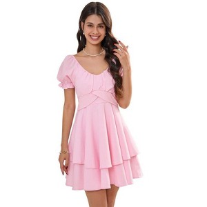 Coolmee Women's Ruffle Wrap Flowy Dress Puff Sleeve Flounce Short Sleeve A Line Mini Dress - 1 of 4