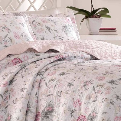 Pink Floral Reversible Cotton Twin Quilt Set