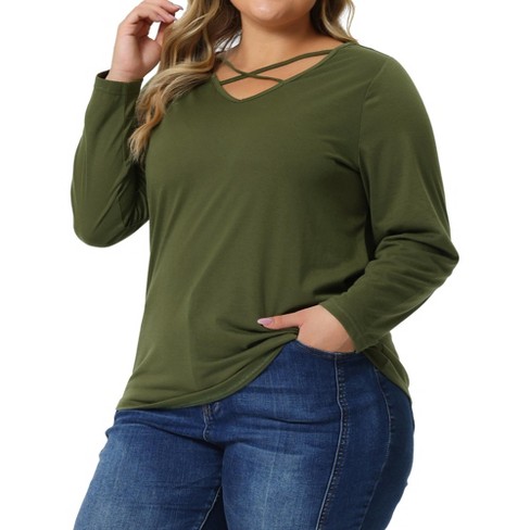 Agnes Orinda Women's Plus Size Cross V Neck Casual Fashion Long Sleeves  Blouses Army Green 1x : Target