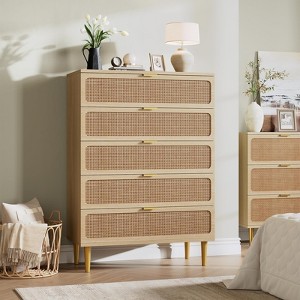 5-Drawer Rattan Dresser for Bedroom, Large Wooden Chest with Wide Top for Bedroom, Living Room, Hallway, or Kids Room - 1 of 4