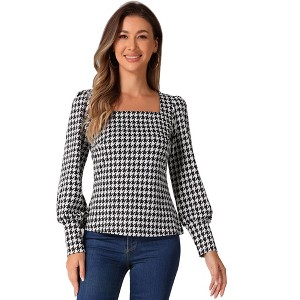 Allegra K Women's Houndstooth Square Neck Bishop Sleeve Casual Blouse - 1 of 4