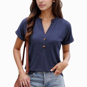 Anna-Kaci Women's Short Sleeve V-Neck Blouse with Button Front and Rolled Cuffs Casual Relaxed Fit - 1 of 4