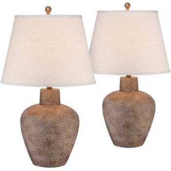 Franklin Iron Works Rustic Farmhouse Table Lamps 29" Tall Set of 2 Brown Leaf Hammered Pot Off White Shade for Bedroom Living Room House Home Bedside