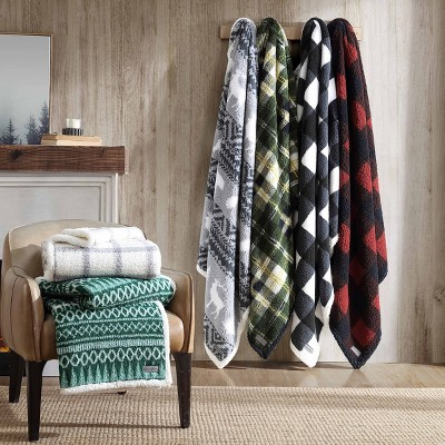 Gray and White Plaid Reversible Sherpa Throw Blanket
