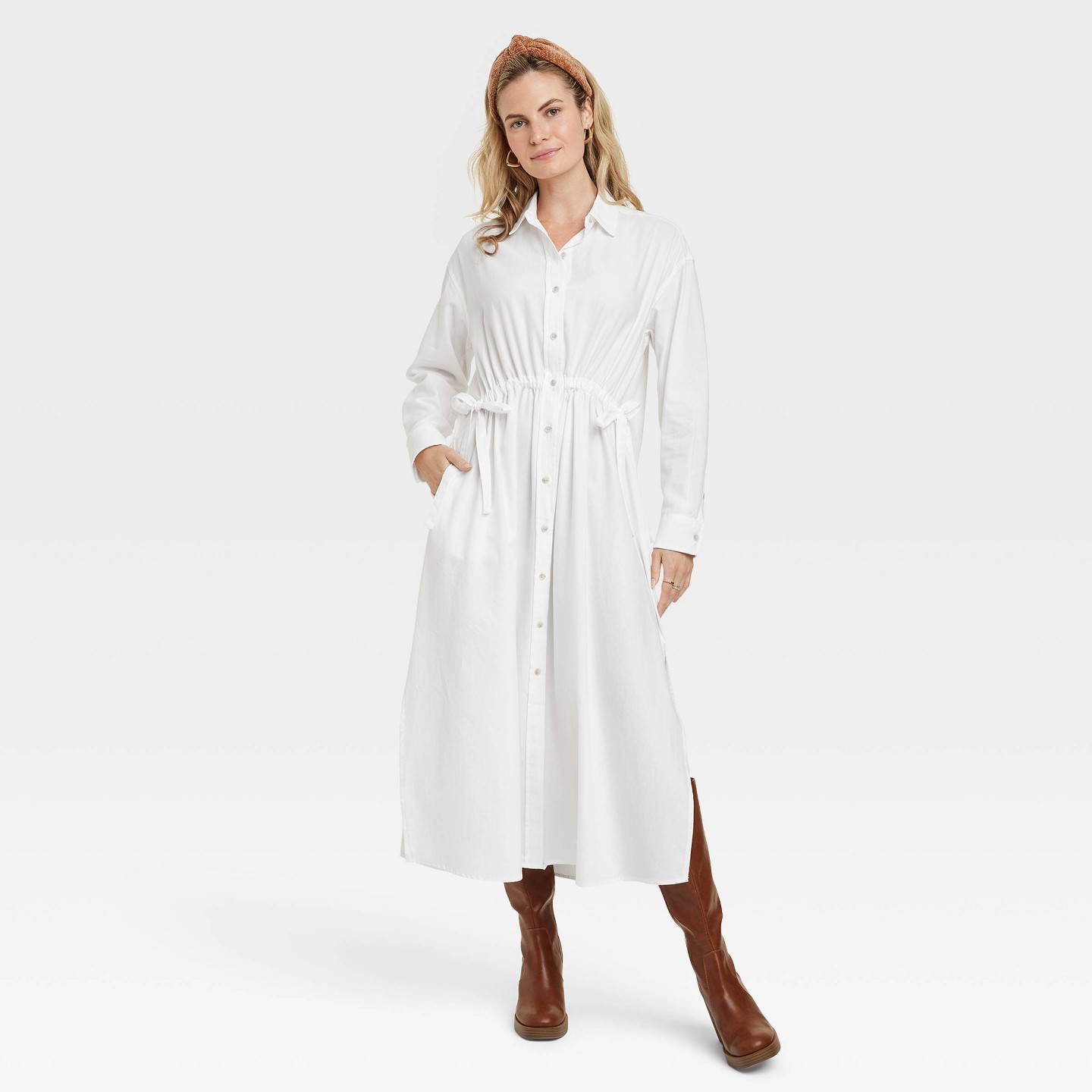 Женское платье Universal Thread Long Sleeve Cinch Waist Maxi Shirtdress, цвет: Белый — фото 1