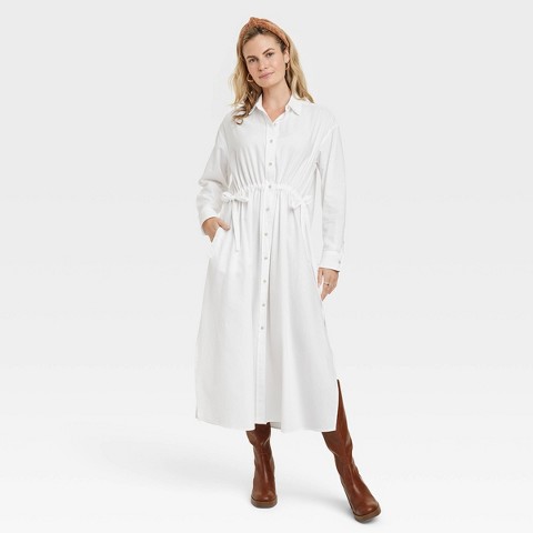 Женские платья Universal Thread Women's Long Sleeve Cinch Waist Maxi Shirtdress - Universal Thread™ White L: Twill, Front Button Down