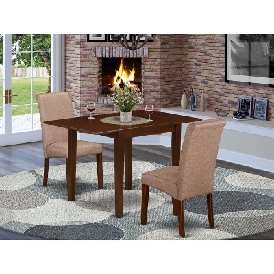 HomeStock Dining Room Table Set 3 Pc - Two Dining Chairs and a Dining Room Table - Mahogany Finish Solid wood - Brown Color Linen Fabric